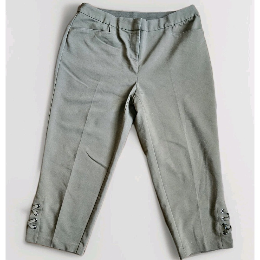 Rafaella Curvy Women's Sz 12 Cropped Pants Olive Green Lace Up‎ Hem Stretch Work